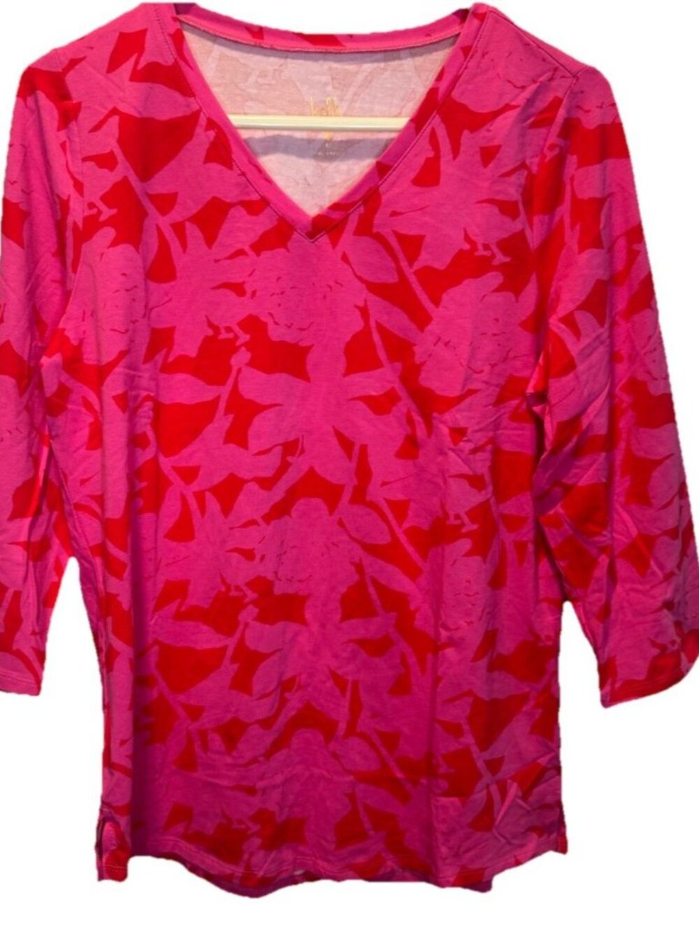 Belle by Kim Gravel‎ Vibrant Pink Red Floral 3/4 Sleeve V Neck Knit Top XS NEW